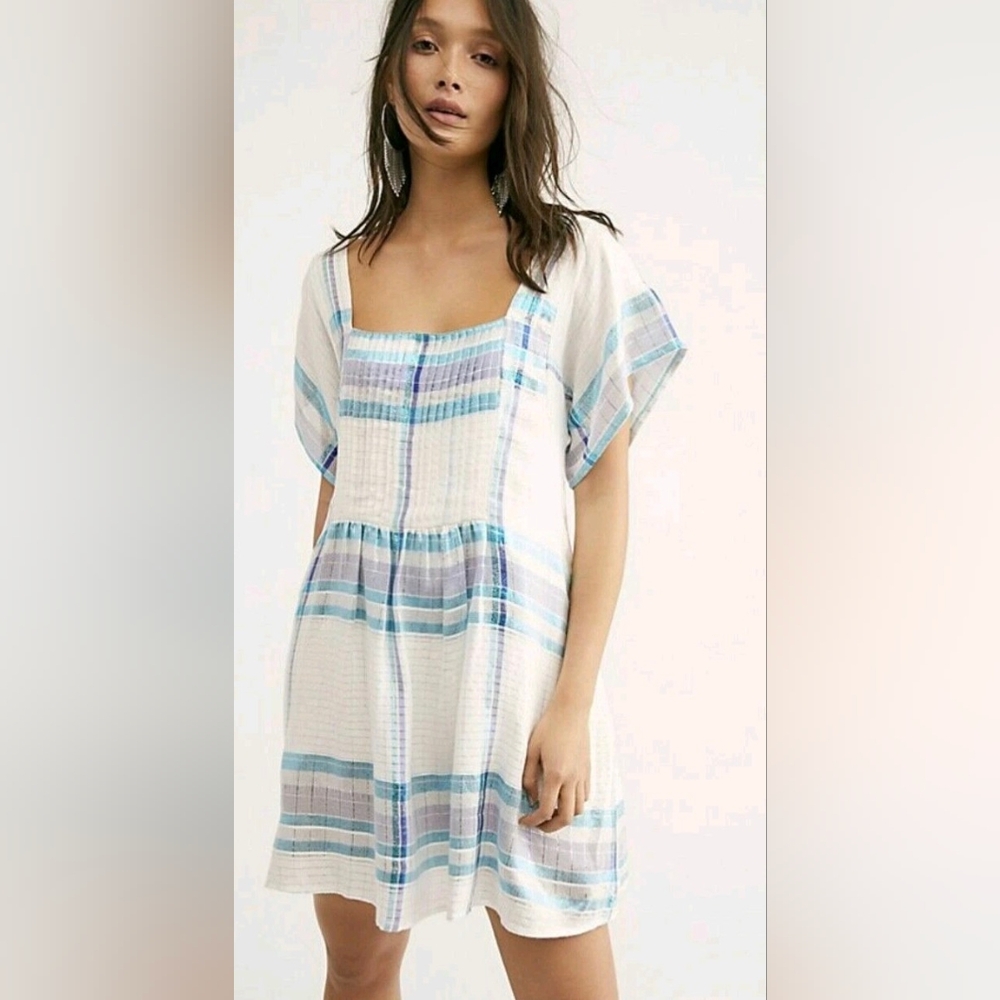 Free People Plaid Blue and Cream Mini Dress